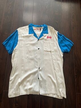 Deus Ex Machina Men's Casual Button-Down Bowling Shirt - White with Blue Accents